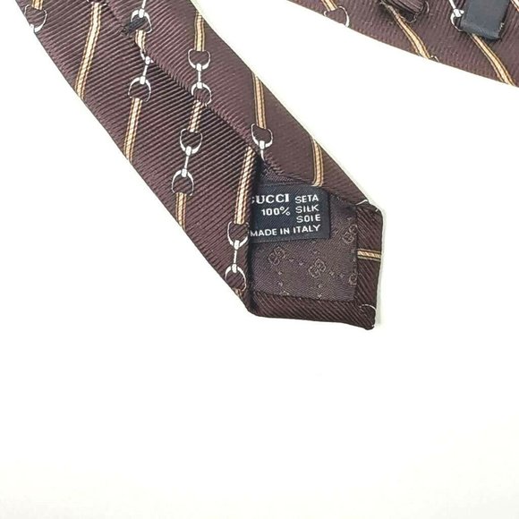 Gucci Mens Tied Necktie Brown Horsebit 100% Silk - Picture 3 of 5